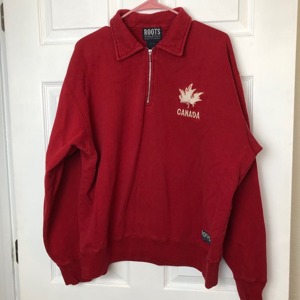 Roots Athletics Red and White Canada 3/4 Zip Sweatshirt